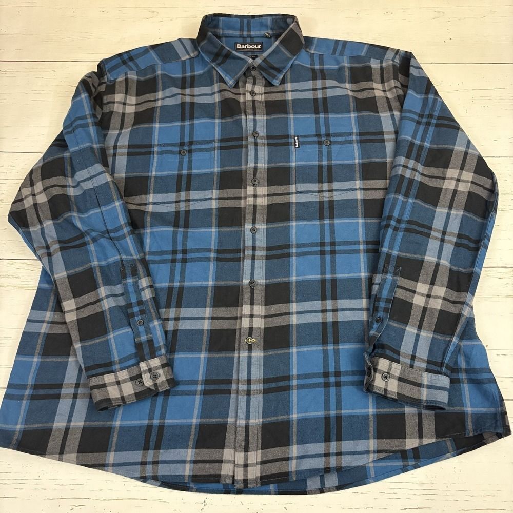 Barbour Shirt Mens 3XL Blue Plaid Flannel Bidston Button-Up Slim Fit Long Sleeve